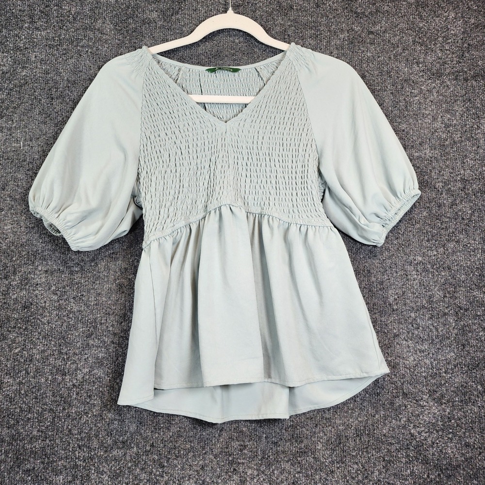 Halara Womens Sage Green Smocked‎ Puff Sleeve Cottagecore Fairy Peplum Blouse S - Picture 2 of 8